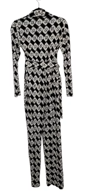 Diane Von Furstenberg DVF Halina Printed Wrap Jumpsuit Black White Tan Sz 4 3