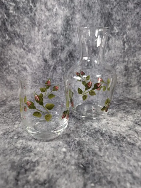 Vintage Hand Painted Floral 500ml Clear Glass Bedside Water Carafe Decanter Set