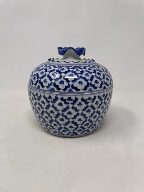 Vintage Blue and White Floral Lidded Jar Noodle Curry Bowl Made In Thailand