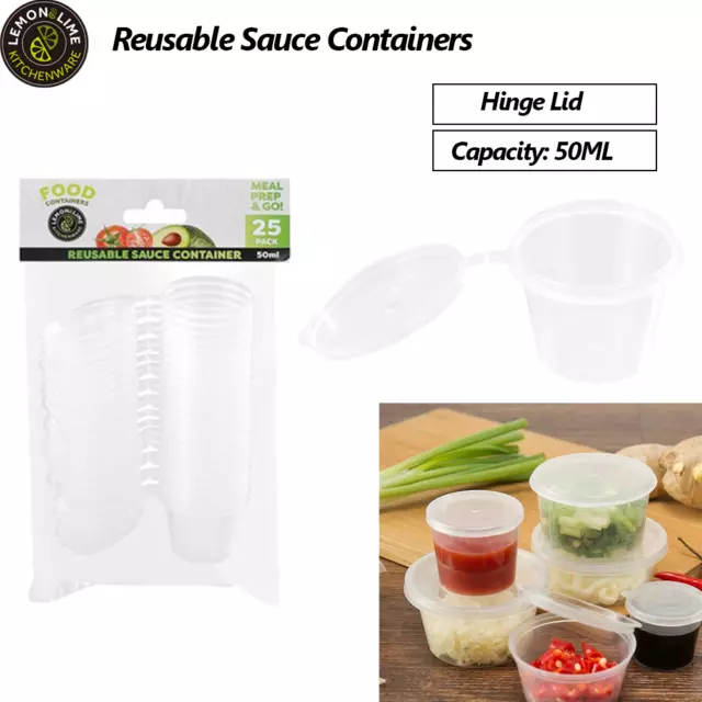 Disposable Plastic Sauce Container Hinged Lid Reusable Dipping Pot Cup 50ML Bulk