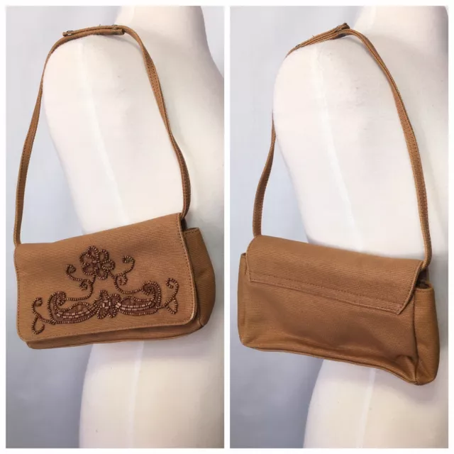 Forever By Fossil Small Tan Brown Floral Beaded Handbag Shoulder Bag
