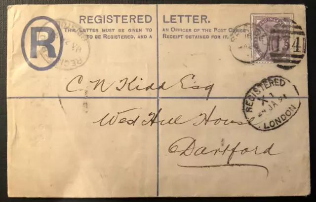 GB RP15 QV 2d Blue + 1d Lilac Registered Envelope Size G Used 1891 Bristol