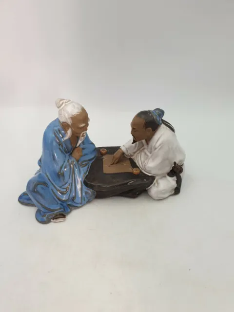 Chinese Shiwan Pottery Mudman Figurine Two Men Playing Board Game Part Glazed