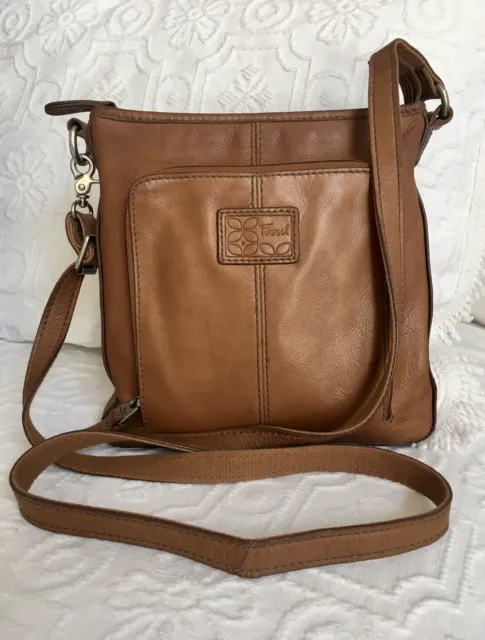 FOSSIL Tan Leather Shoulder Bag Organizer Pocket Messngr Xbody Purse 9” L•EC