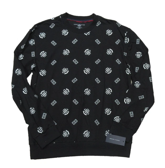 Tommy Hilfiger Sleepwear Men's Black All Over Logo Print Pullover Sweatshirt