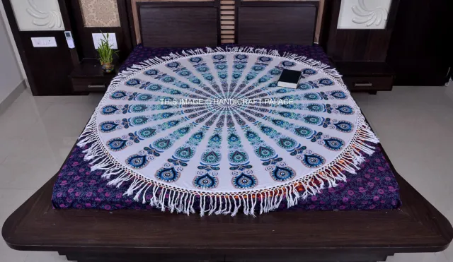 Pfau Mandala Schöne Quasten Spitze Weiß Indischer Wandteppich Yoga Matte Dekor