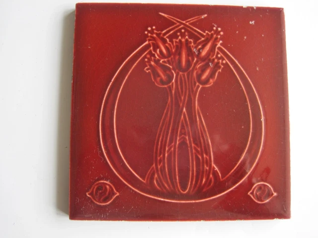 ANTIQUE RELIEF MOULDED & MAJOLICA GLAZED ART NOUVEAU TILE - H. RICHARDS - c1907