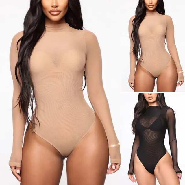 SEXY WOMENS SHEER Mesh Bodysuit Ladies Long Sleeve Leotard Top Club  Black/Skin $15.93 - PicClick AU