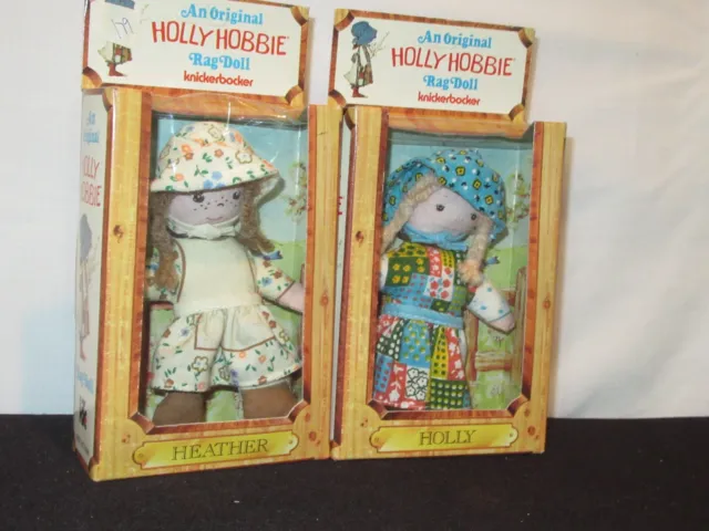 2 Vintage Dolls Holly Hobbie Rag Doll Knickerbocker Holly Heather w/ Box (Q530)