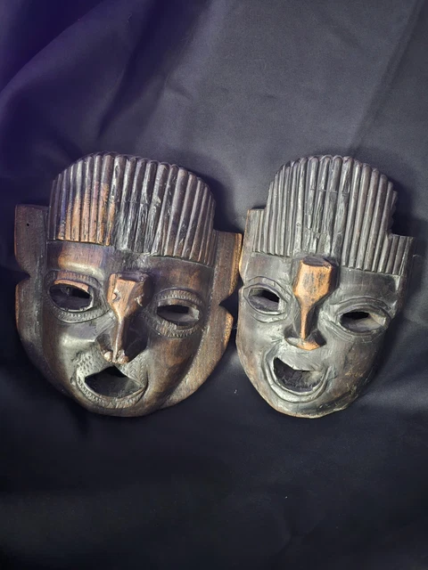 Antique HAND CARVED WOOD MASKS TRIBAL FACE WOODEN AFRICAN