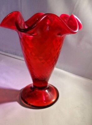 Fenton Art Glass Ruby Glass Diamond Optic Ruffled Vase 5688RU new in box