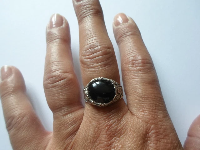 Bague En Argent Massif Avec Cabochon Onyx - Contour Feuilles - Taille 59 - Occasion