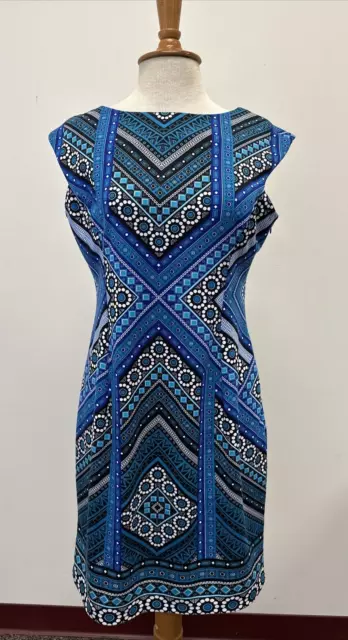 London Style Collection Sheath Dress Womens Sz 10 Blue Geometric Design