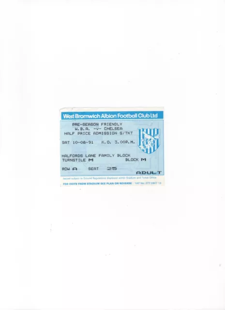 Ticket West Bromwich Albion v Chelsea 1991/92 - pre-season friendly