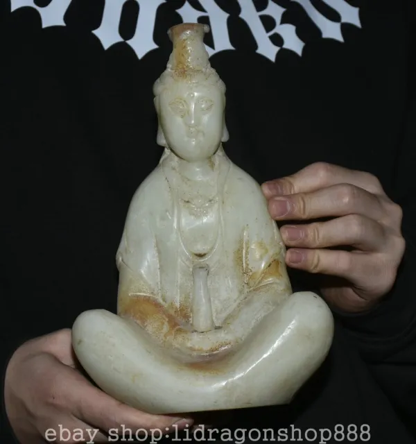 9.8" Old Chinese Hetian Jade Carved Buddhism Kwan-yin Guan Yin goddess Statue
