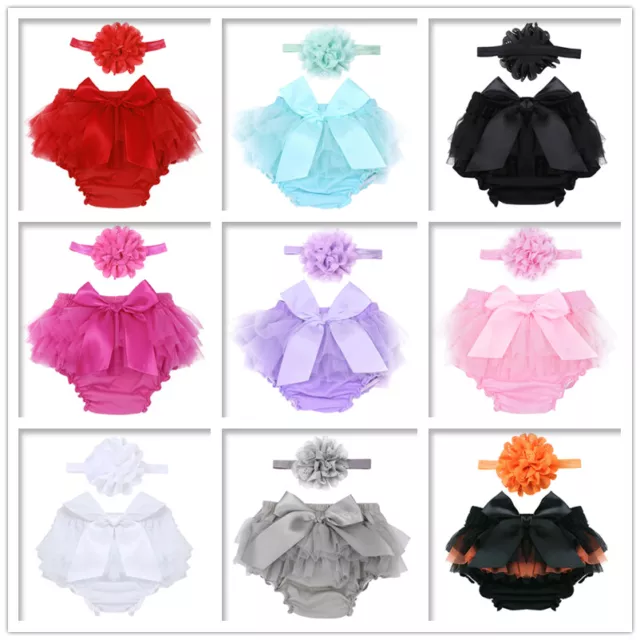 Infant Baby Girls Ruffle Bowknot Photo Props Diaper Cover+Flower Headband Outfit