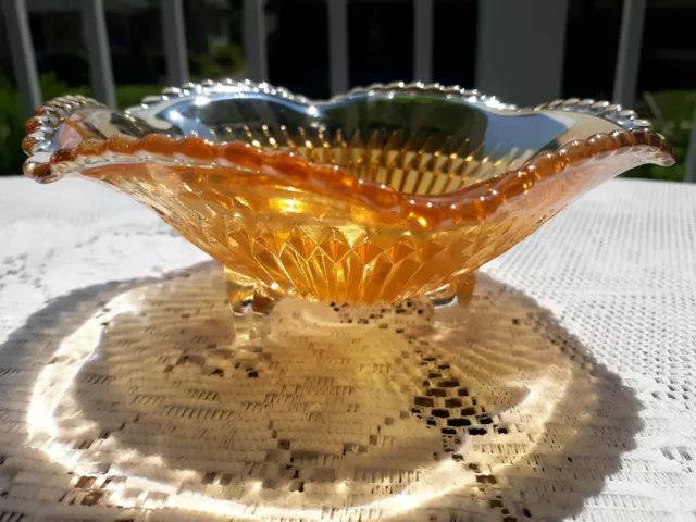 Carnival Glass Indiana Bowl Marigold Ribbed Iridescent Scalloped Rim Vintage