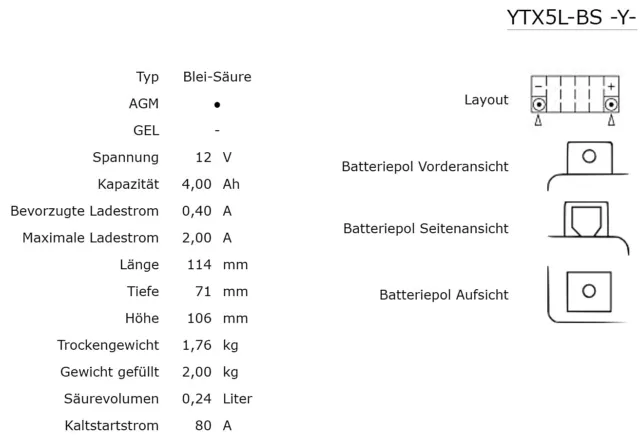 Yuasa YTX5L-BS AGM Batterie 12V 4AH - Moto Scooter quad (FTX5L-BS GTX5L) 2