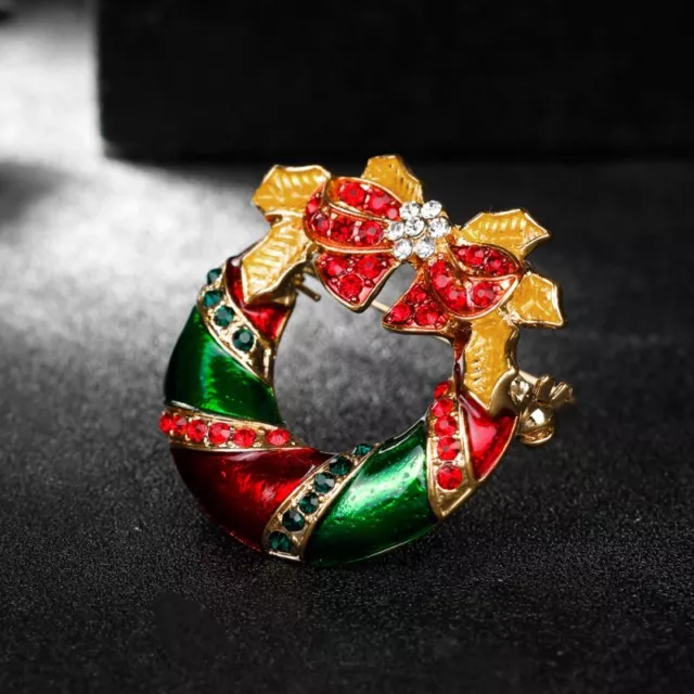 Retro Crystal Christmas Wreath Enamel Brooch Pin Women Xmas Costume Jewelry 3