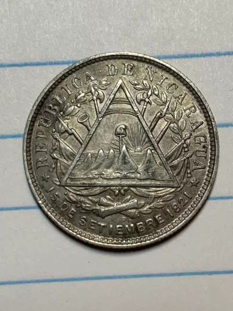 Nicaragua 1887H Silver 20 Centavo High Grade