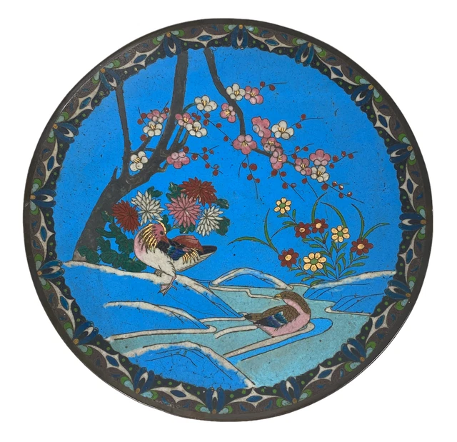 Antique Japanese Meiji Cloisonne Enamel Blue Charger Pheasants Japan