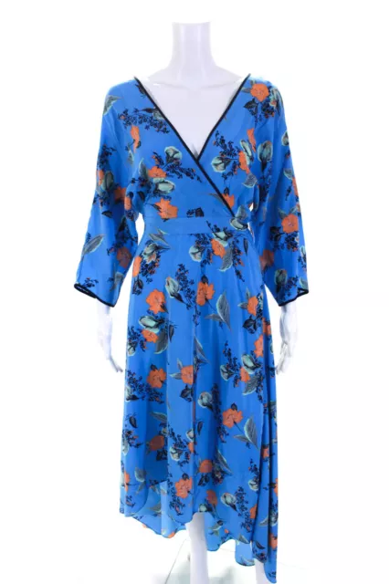 Diane Von Furstenberg Womens Half Sleeve Floral Silk Wrap Dress Blue Size Small