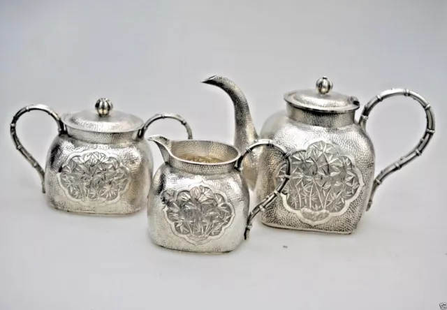 433 Grs ANTIQUE CHINESE CHINA EXPORT SOLID SILVER TEA SET POT BOWL CREAMER 1880