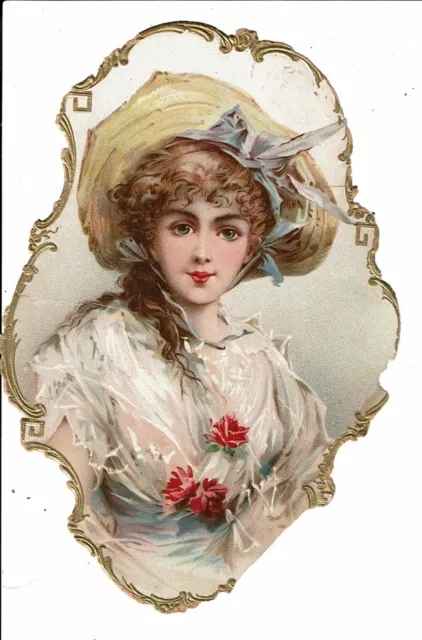 Victorian die cut portrait of woman w/hat c1800s dress flowers embossed boarder