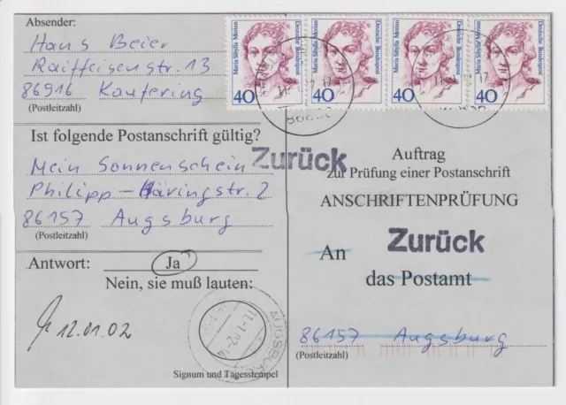 Bund Mi.Nr. 1331(4) MeF auf Anschriftenprüfung an das PA Augsburg 09.11.2001