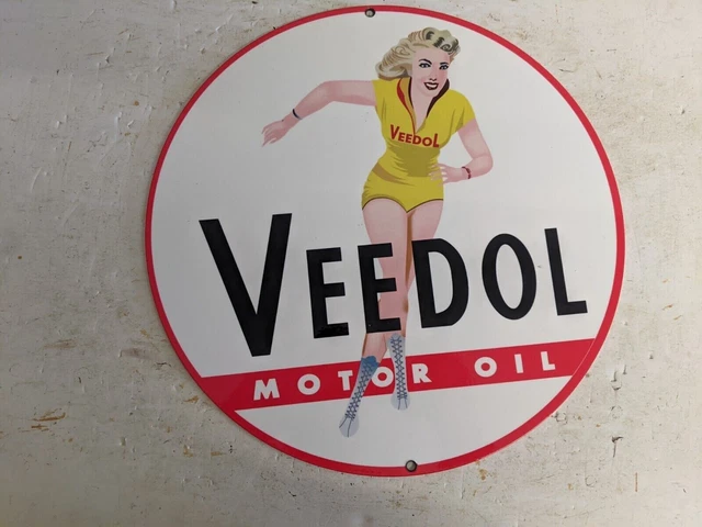 Vintage Veedol Motor Oil Porcelain Metal Gas Pump Sign