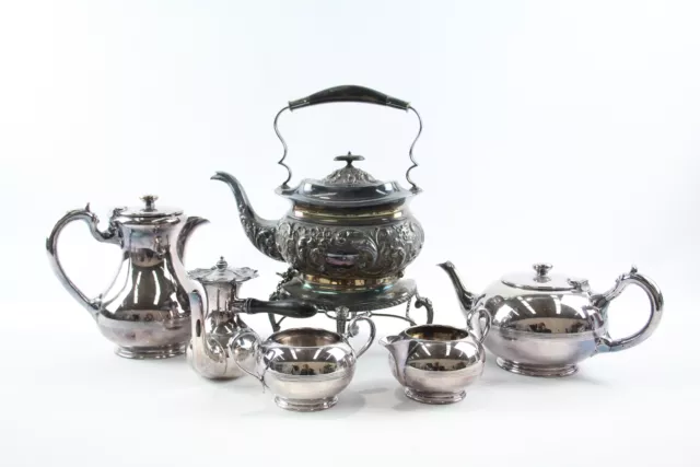 Silver Plate Ware Antique Vintage Teapot Stand & Burner Mid Century Tea Set x 6