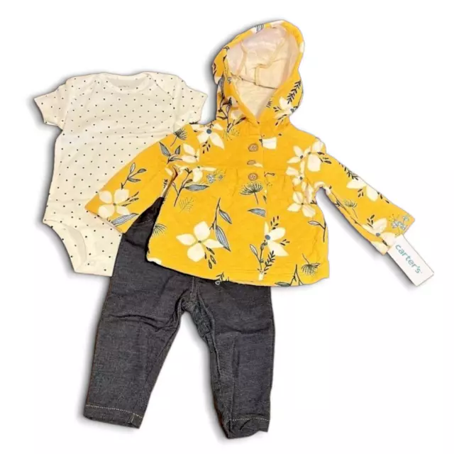 Carters Baby Girl 3 Piece Set 9M Yellow Floral Cardigan Bodysuit Denim Outfit