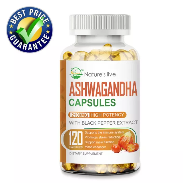 Ashwagandha 2100mg - 120 Vegan Capsules Pure Root Extract High Strength Tablets