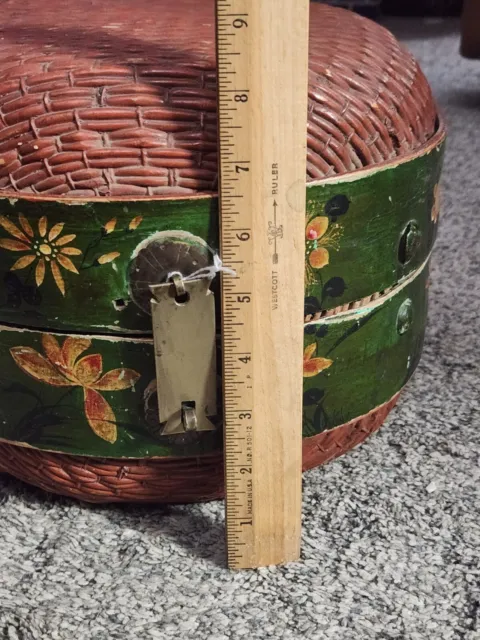 Large Old Chinese Basket With Latch And Connected Lid Sewing