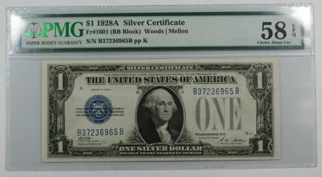 1928A One Dollar $1 Silver Certificate FR# 1601 BB Block PMG 58 Choice AU EPQ WW