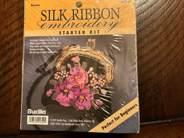 Vintage Bucilla Silk Ribbon Embroidery Starter Kit-Coin Purse- Pansies-#41829