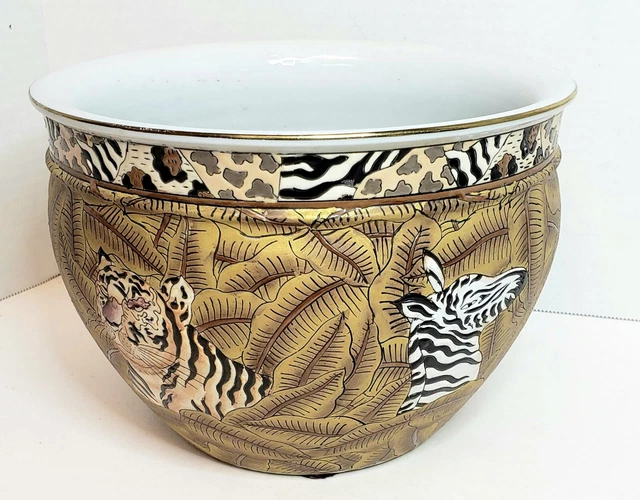 Oriental Accent Vintage Safari Bowl Planter 8x6" Tigers and Zebras