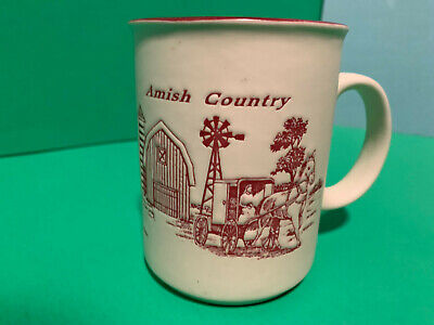 Vintage AMISH COUNTRY Etched Image & Description Ceramic Souvenir Coffee Mug