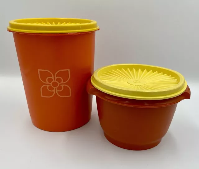 Vintage Tupperware Storage Canisters Orange Harvest Sunburst Floral Tubs Retro