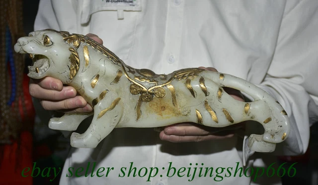 14.4" Old Chinese White Jade Carved Fengshui 12 Zodiac Year Tiger Statue