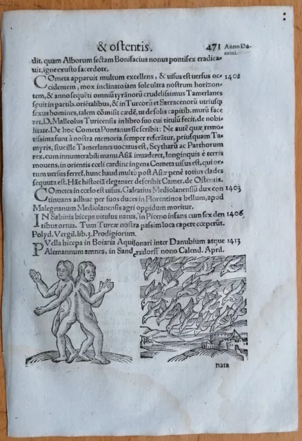 Wolfhart Chronicon Originalblatt Monster Vögel Sonnenfinsternis  (472) 1557