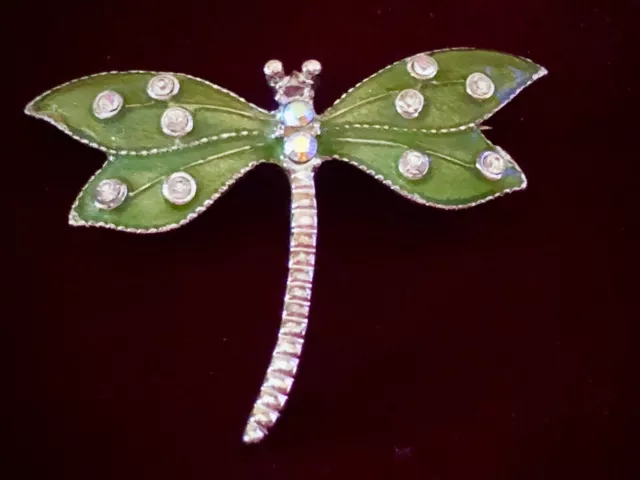 Spring Green Enamel Clear Rhinestone Dragonfly Brooch Pin Dainty Sweet Vtg