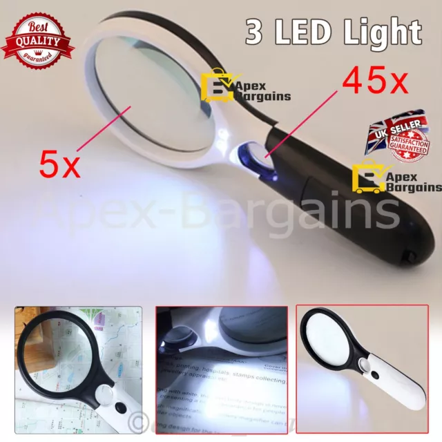 45X Magnifier Handheld Reading Magnifying Glass Jewelry Loupe With 3 LEDs Lights