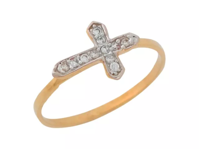 10k or 14k Two Tone White CZ Studded Ladies Thin Band Religious Cross Ring