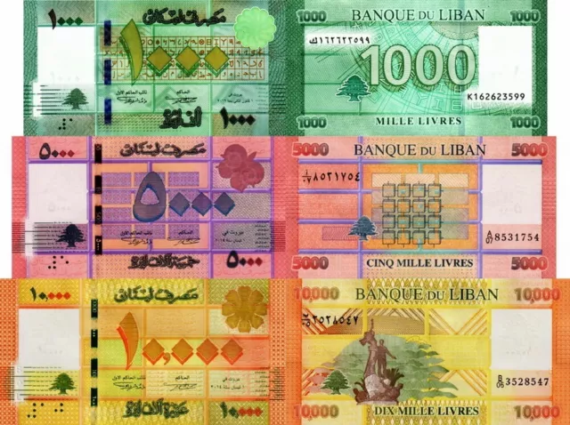 LIBANO - Lotto 3 banconote 1000/5000/10.000 livres FDS - UNC