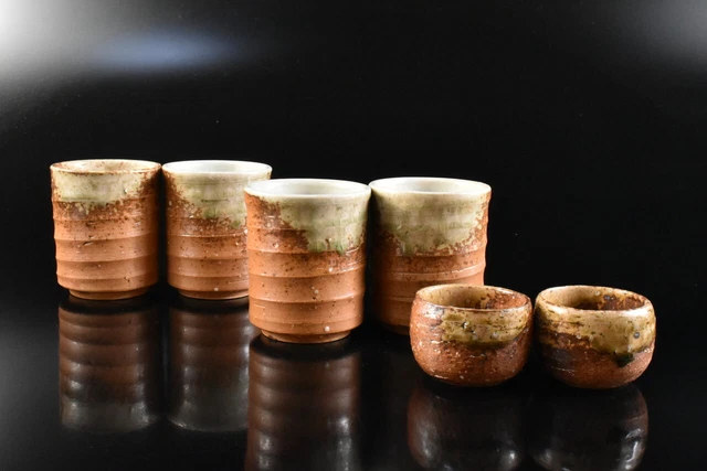 M1504: Japanese Shigaraki-ware Youhen pattern Sencha TEACUP Yunomi Bundle sale