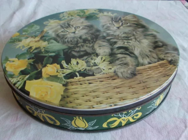 Seltene Blechdose alt antik Katzen Blumen Bordüre rund ENGLAND Sammlerobjekt