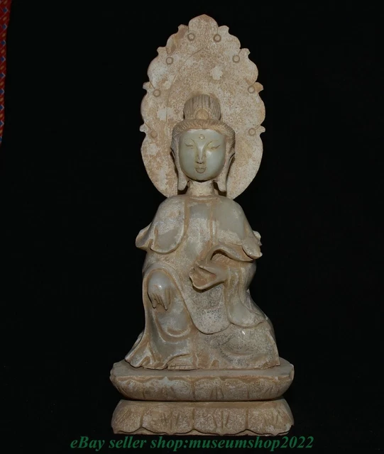14" Old Chinese Xiu Jade Carved Seat Kwan-yin Guan yin Goddess Ru yi Statue