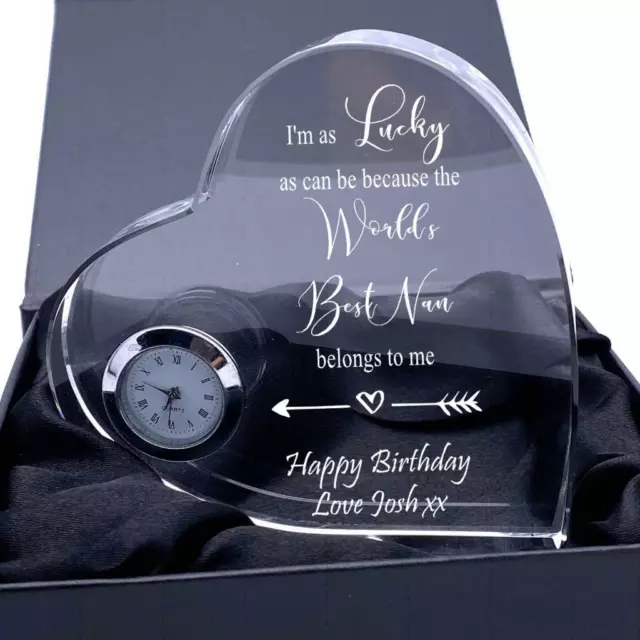 Gift For Nan Engraved Heart Crystal Glass Clock HCL-6