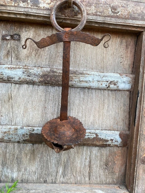 1700's Rare Indian Antique Hand Forged Iron Betty Lamp Wall Hanging Oil Lamp